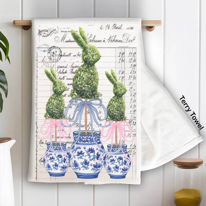 Påske Blå og Hvid Topiary Vintage Køkken Terry Håndklæde for engroshandel hos Avery Lane Gifts
