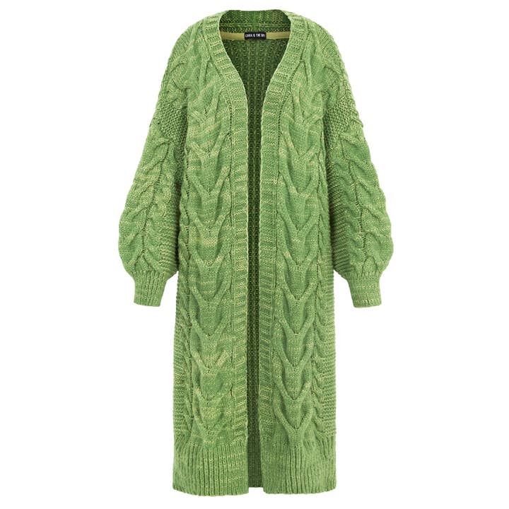 Cara & The Sky - Wholesale Cardigan - Women's - Alex Cable Longline Balloon Sleeve Cardigan - Green | Knit