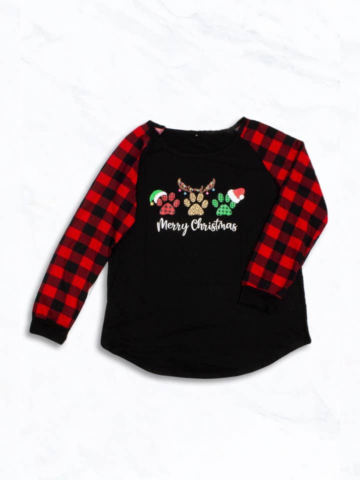 Maglietta a maniche lunghe natalizia a quadri con 3 zampe per la vendita all'ingrosso da parte di Suzie Q USA