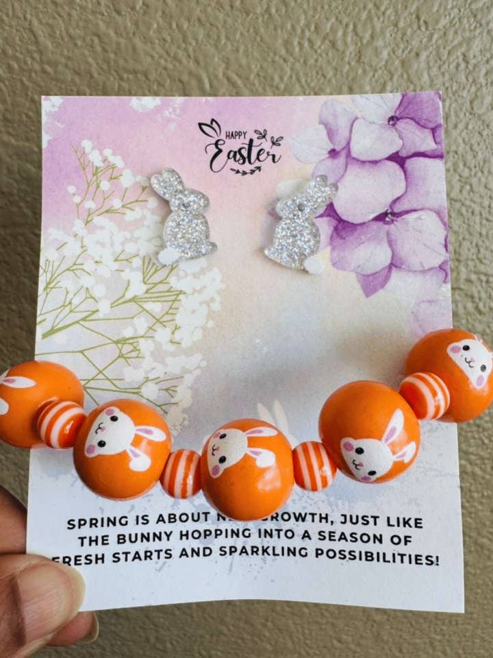 Easter Bunny Stud & Printed Wooden Bracelet Set White-W for wholesale by Swaary