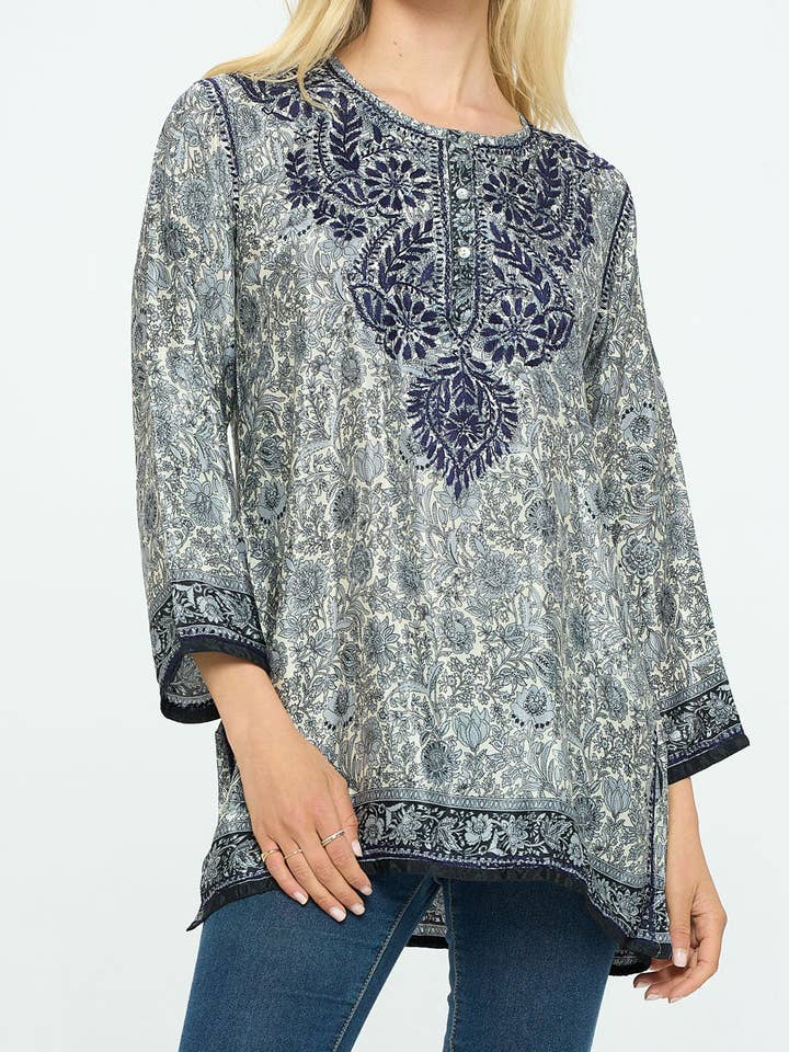 Midnight Floral Garden Embroidered Tunic Top for wholesale by Culture Spot