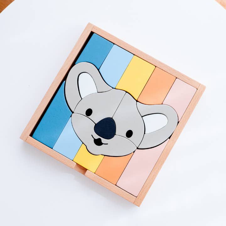 Kirra the Koala’s Face 3 in 1 kids wooden block puzzle for wholesale by Stellavan and Papa