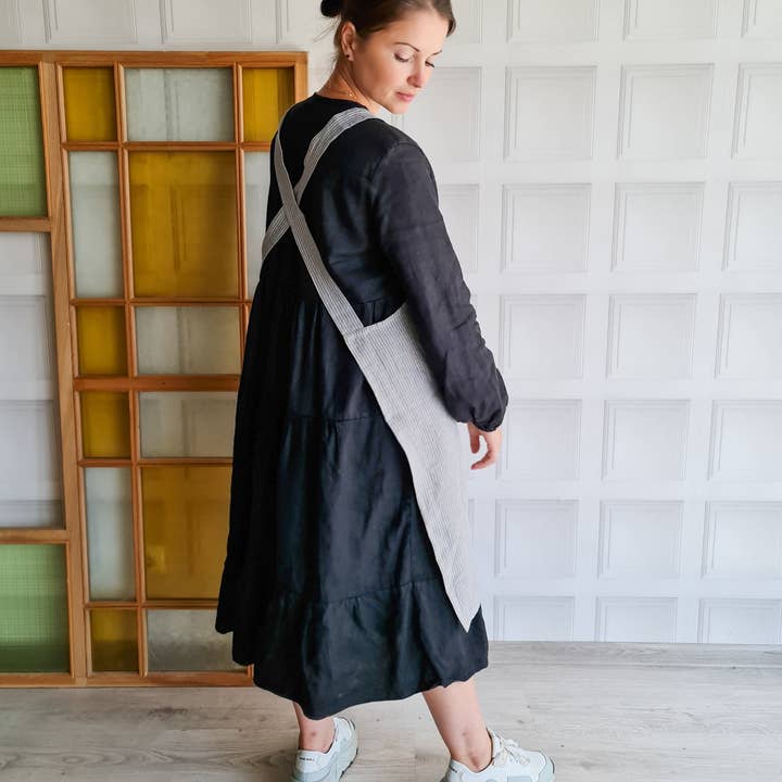 The Raw Linen - Wholesale Apron - Japanese striped linen apron, Cross back linen apron, no tie