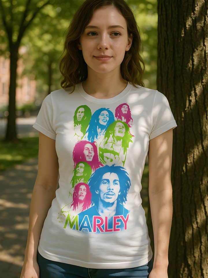 Official Store - Wholesale Screen Printed T-Shirt - Women's - Bob Marley - Colorful Women's Juniors T Shirt2