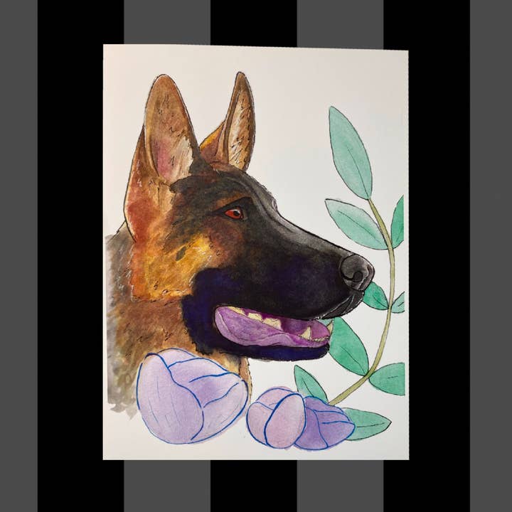 German Shepard Floral Pet Portrait Watercolor Print for wholesale by Fiat Lux Illustration