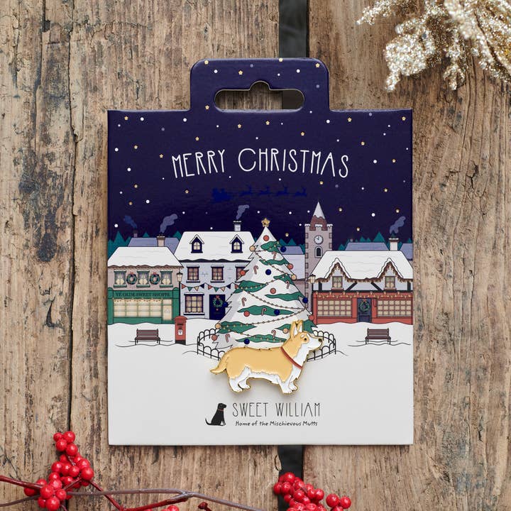 Sweet William Designs - Wholesale Lapel pin/button - Christmas Dog Pin - Corgi