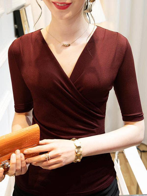 Mirazshoes WholeSale - Wholesale Blouse - Women's - Half Sleeves Skinny Pleated Solid Color V-Neck T-Shirts Tops13