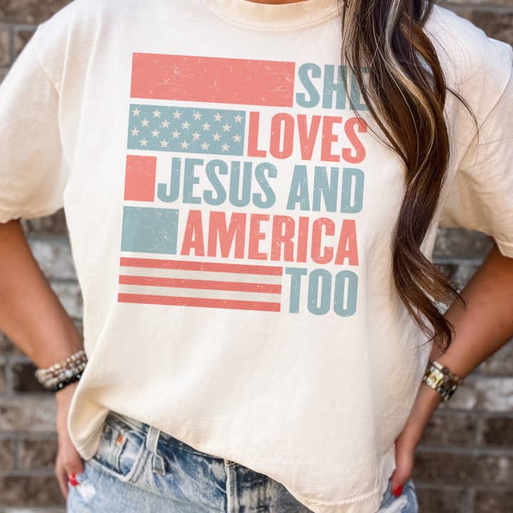 Par.tees by Party On! - Wholesale Screen Printed T-Shirt - Women's - She Loves Jesus and America Too USA Graphic Tee
