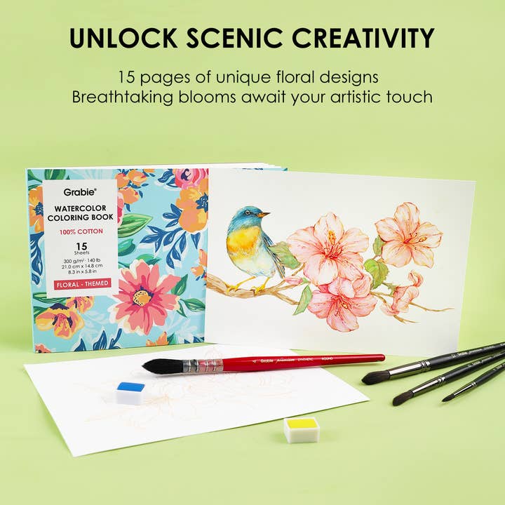 Grabie - Wholesale Coloring Book - Adult - Grabie 15 Sheets 140LB Floral-Themed Watercolor Coloring Book