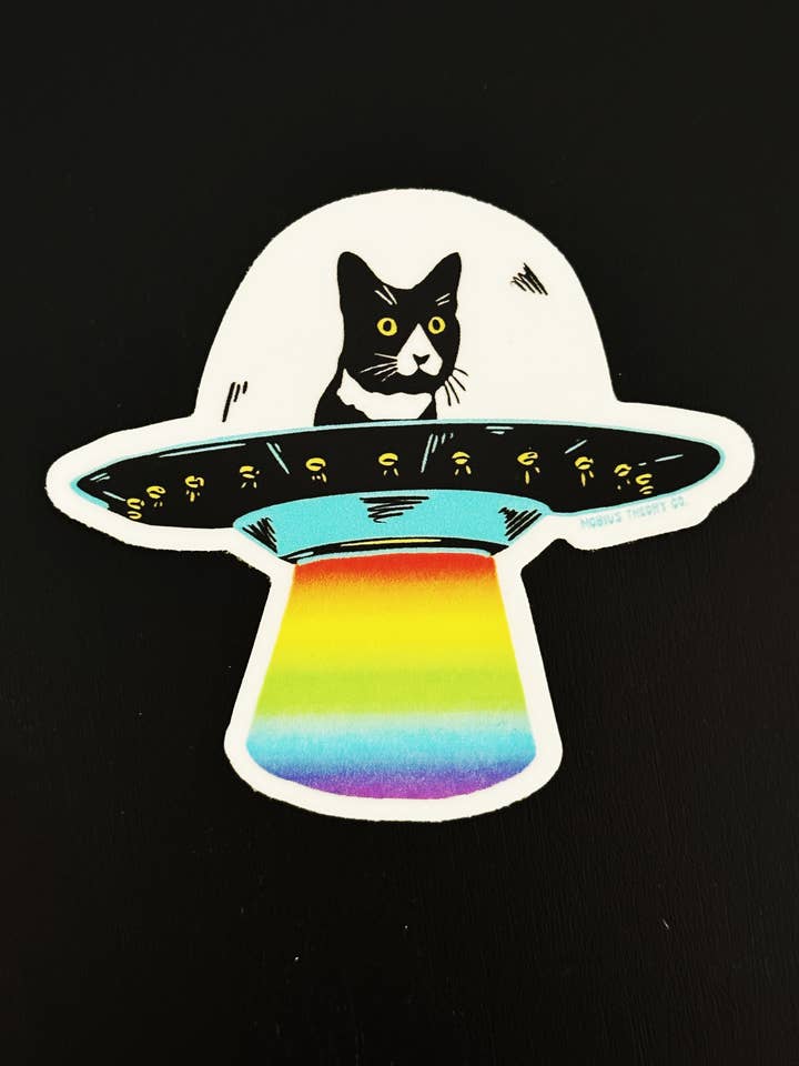 UFO Rainbow Daft Cat 3" Die Cut Sticker for wholesale by Mobius Theory