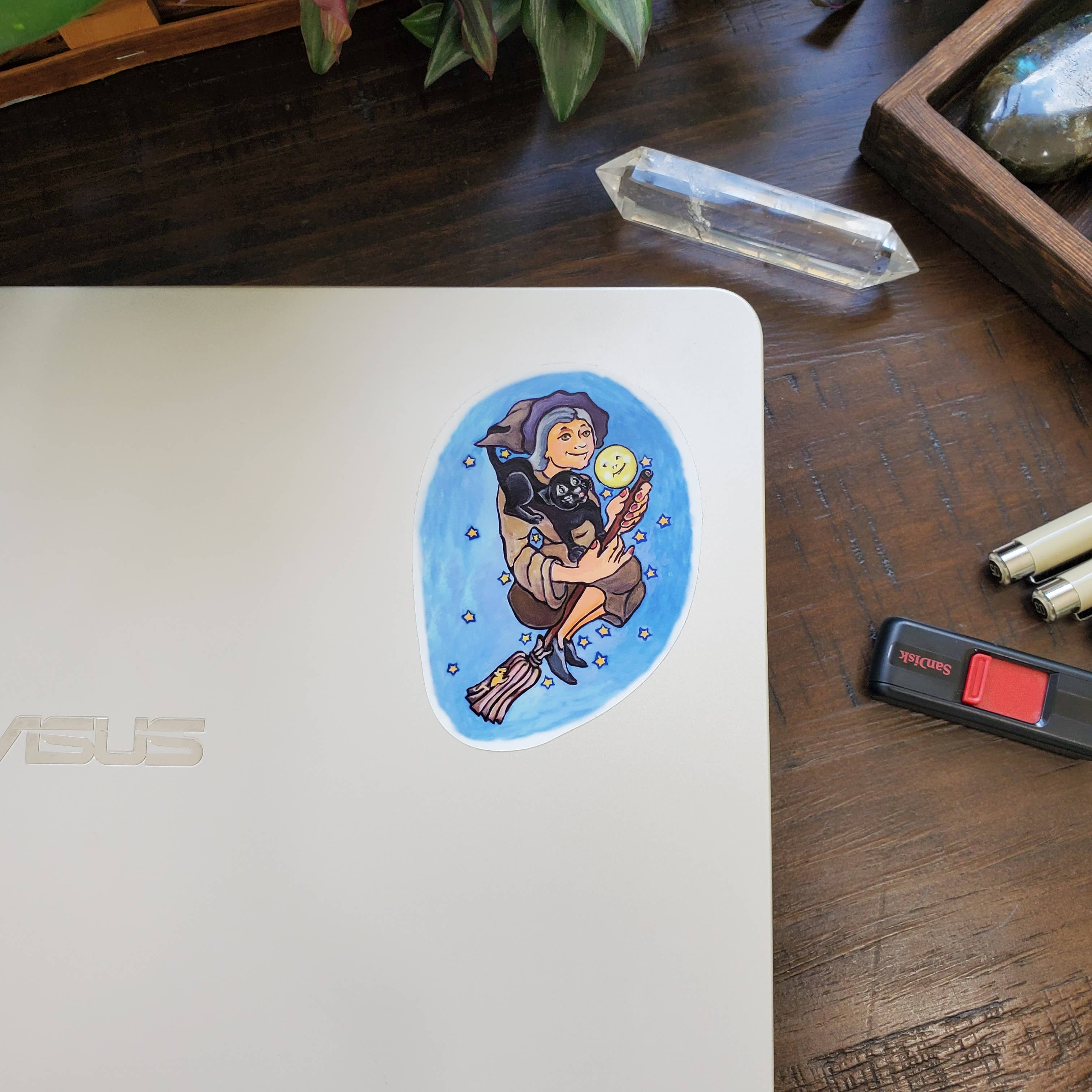 River Village – wholesale Sticker – The Witch and Her Cat Sticker, 3.5 inches tall4