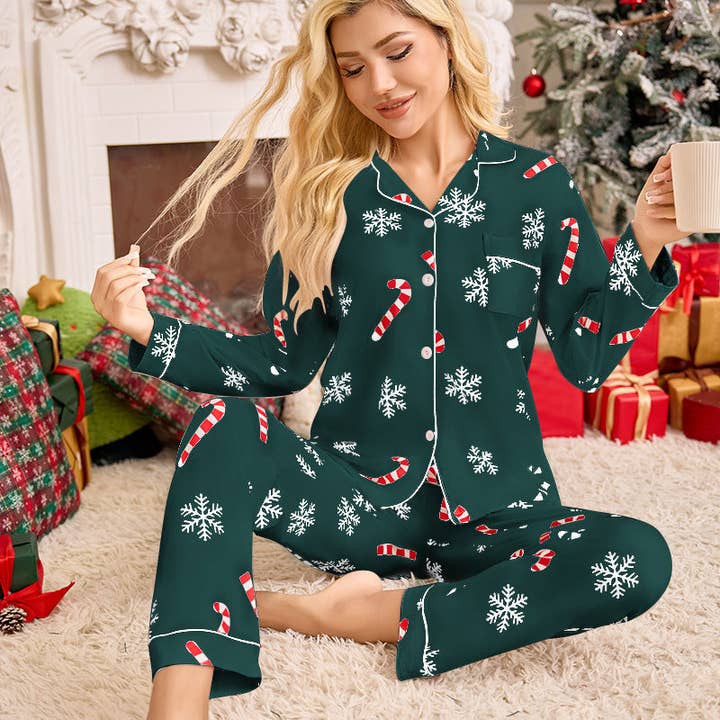 SALINA TRADING INC - Wholesale Sleepwear set – Women's - Women's Christmas Holiday Pajama Set With Collar Long Sleeve Pants1