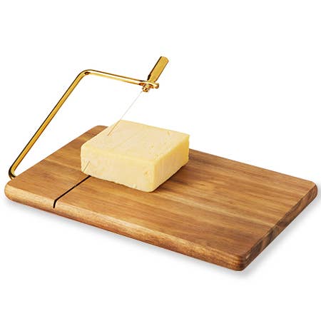 Twine - Wholesale Cheese Board - 10" Acacia Cheese Slicing Board w/ Gold-Handled Wire Slicer