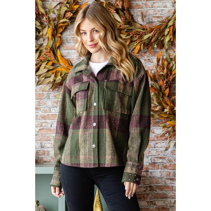 Veveret – wholesale Shirt Jacket/Shacket - Women’s – Plaid Stud Cuff Shirt Jacket