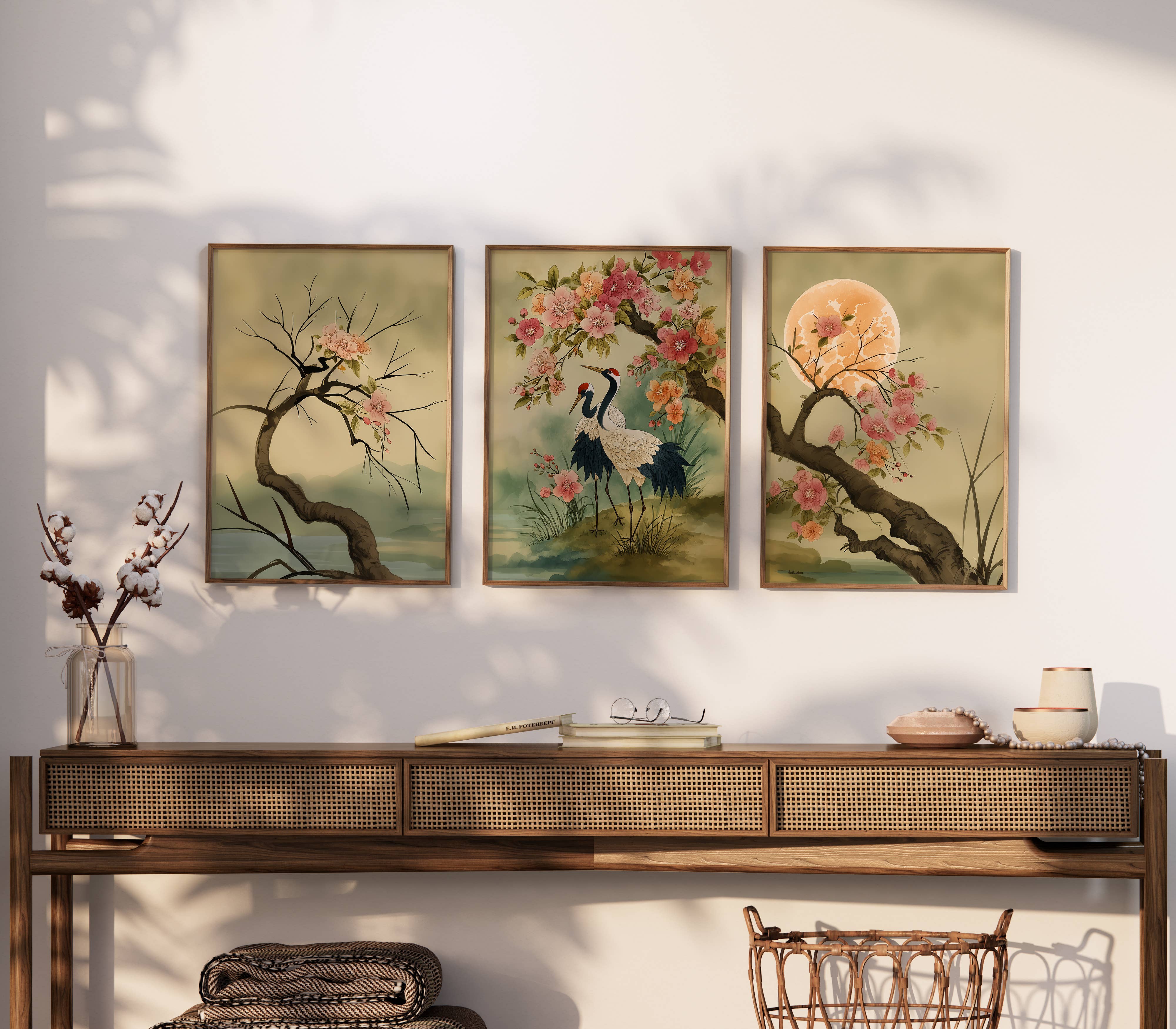 IuliiaArtPrints – wholesale Art print – Red-Crowned Cranes – Japanese Cherry Blossom Triptych Print8