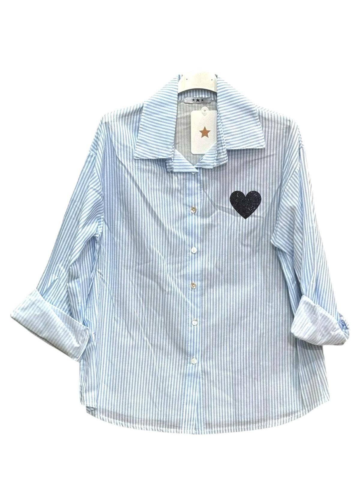 Moonsun - Vendita all'ingrosso Camicia button down - Donna - Camicia a righe in cotone con stampa a cuore5