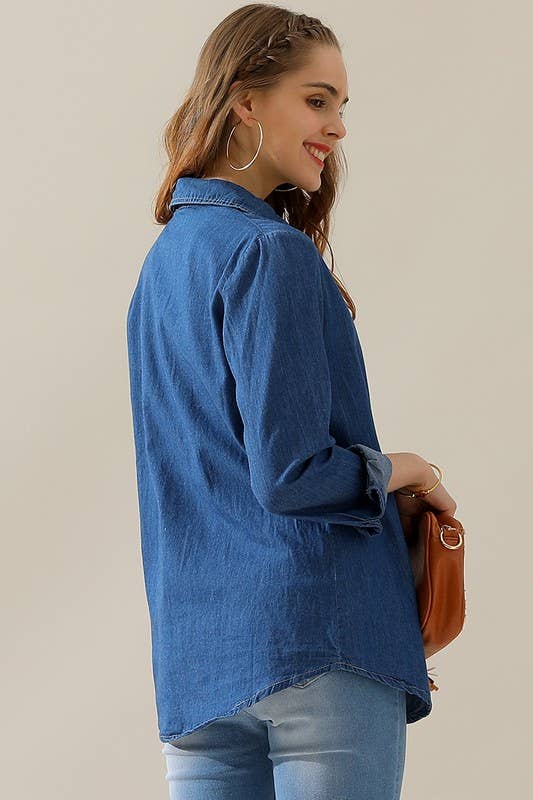 NINEXIS - Wholesale Button Down Shirt - Women's - CWTSTL088_DENIM CHAMBRAY BUTTON UP LONG SLEEVE TOP3