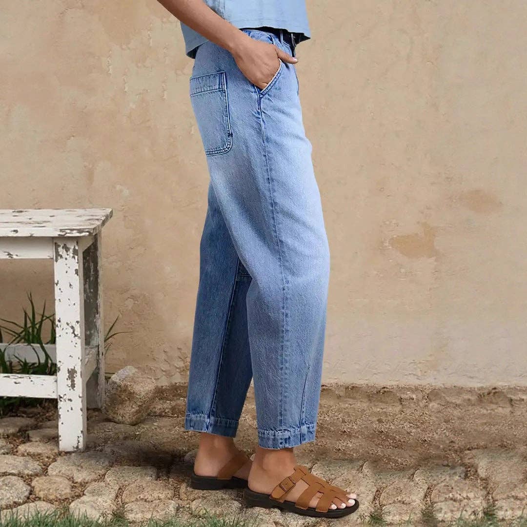 Bleu clair Pantalon décontracté large en denim extensible raccourci en vente sur Faire1
