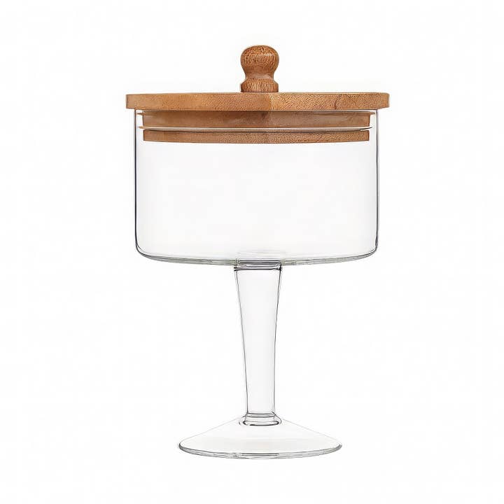 Med. Pedestal Glass Jar with Wood Top for wholesale by BIDKhome