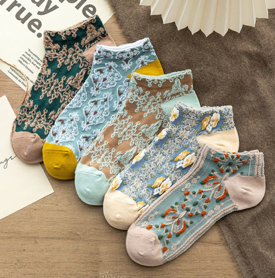 Assorted pairs pack pattern per pair min packs pairs JCS020 Vintage 3D Floral Socks for wholesale on Faire4