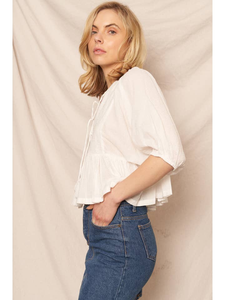 En Crème - Wholesale Blouse - Women's - Puff Sleeve Peplum Top with Embroidery Detail30