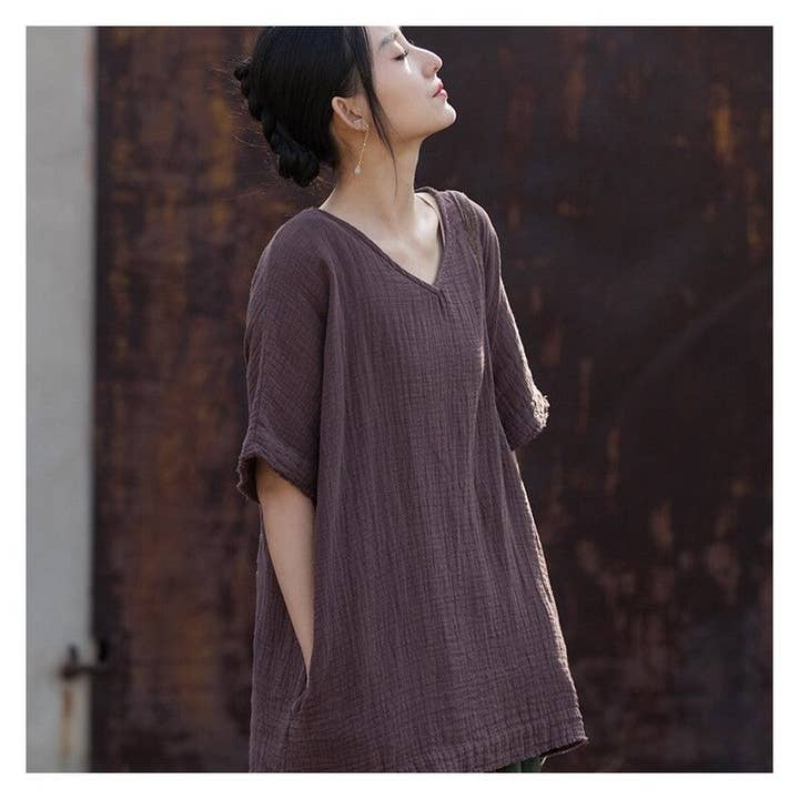 UZ Wholesale Store - Wholesale Tunic - Women's - Solid Color Double-Layer Bamboo Joint Literary All-Match T-Shirt