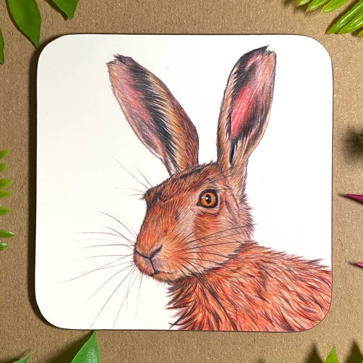 Hare Wood Coaster for wholesale by Emmy Turner Illustration