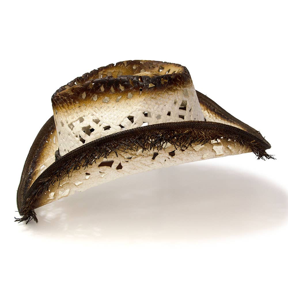 Western Express - Vendita all'ingrosso Cappello da cowboy - Donna - Cappello bianco stile western in paglia con parte frontale pizzicata e bordo sfrangiato color beige.4