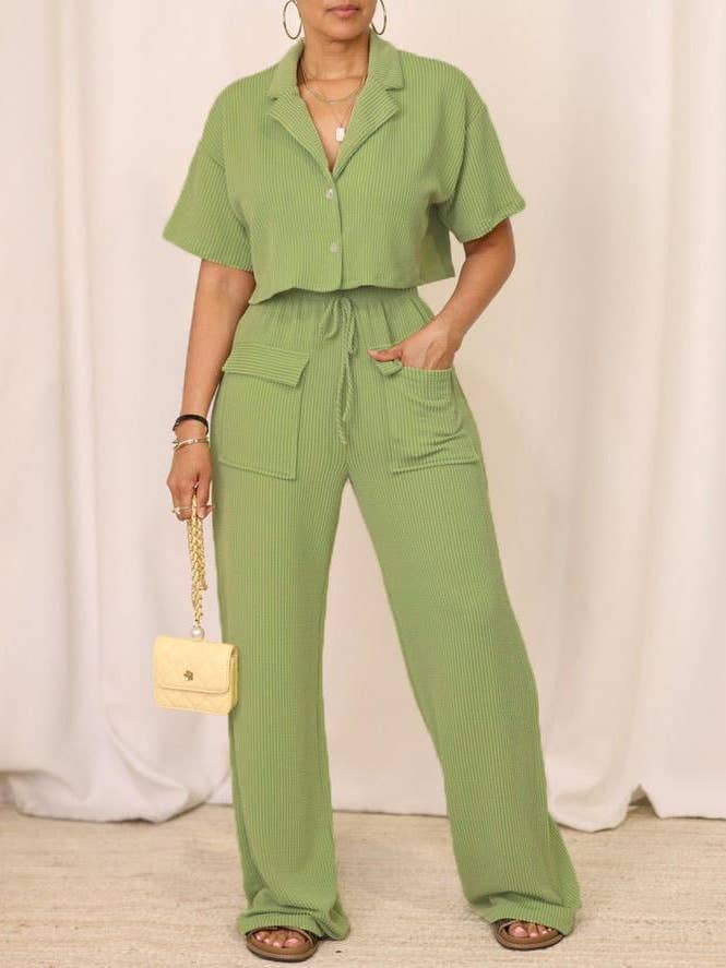 Shirt collar T-shirt wide-leg pants set for wholesale by HIDDENBRAND