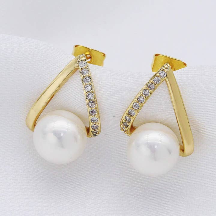 Pearl Triangle Earrings, Sku#ZX77 for wholesale by BestBeads&Beyond