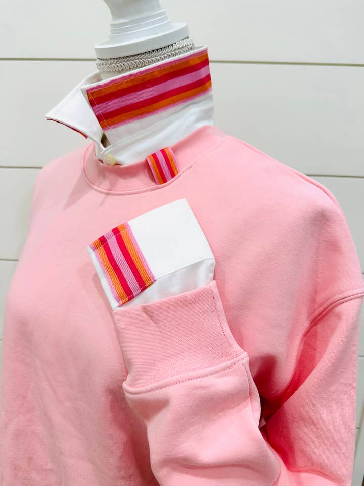Danny Sweatshirt - Pink w Pink & Orange Stripe Ribbon for wholesale by Pearly Vine