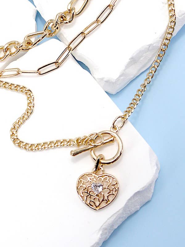 MULTI LAYER LINK CHAIN TOGGLE HEART CHAIN NECKLACE | 25N884 for wholesale by JOSSLYN by wall to wall