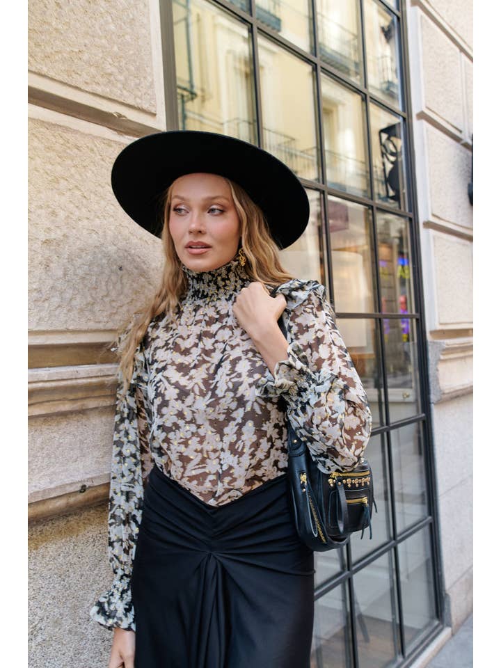 Piti Cuiti - Vente Chemisier – femme - Blouse Aitana en fil métallisé à col montant volanté