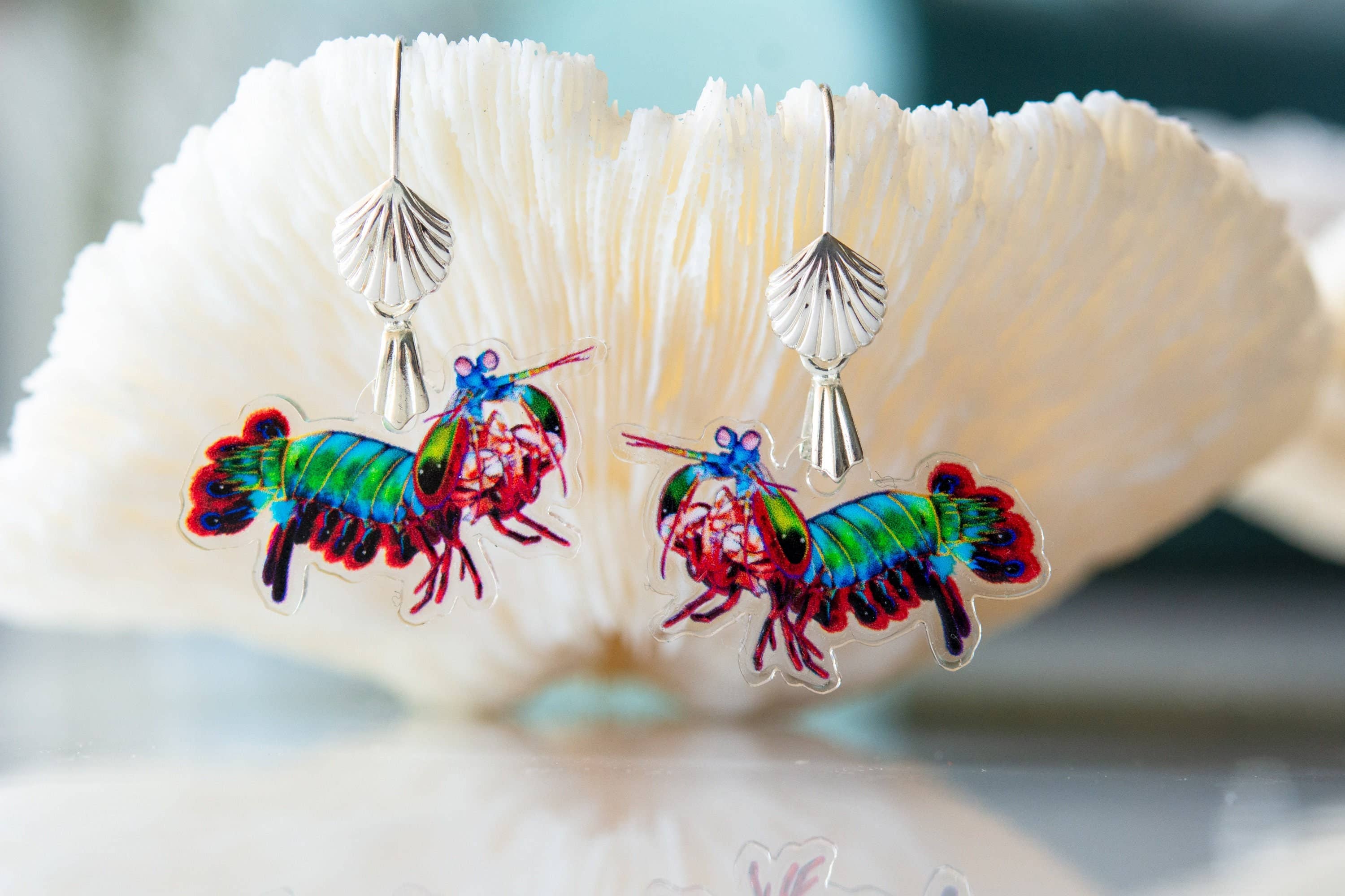 The Slug And Kraken - Wholesale Dangle Earrings - RECYCLED- Peacock mantis shrimp Statement Earrings, Necklace0