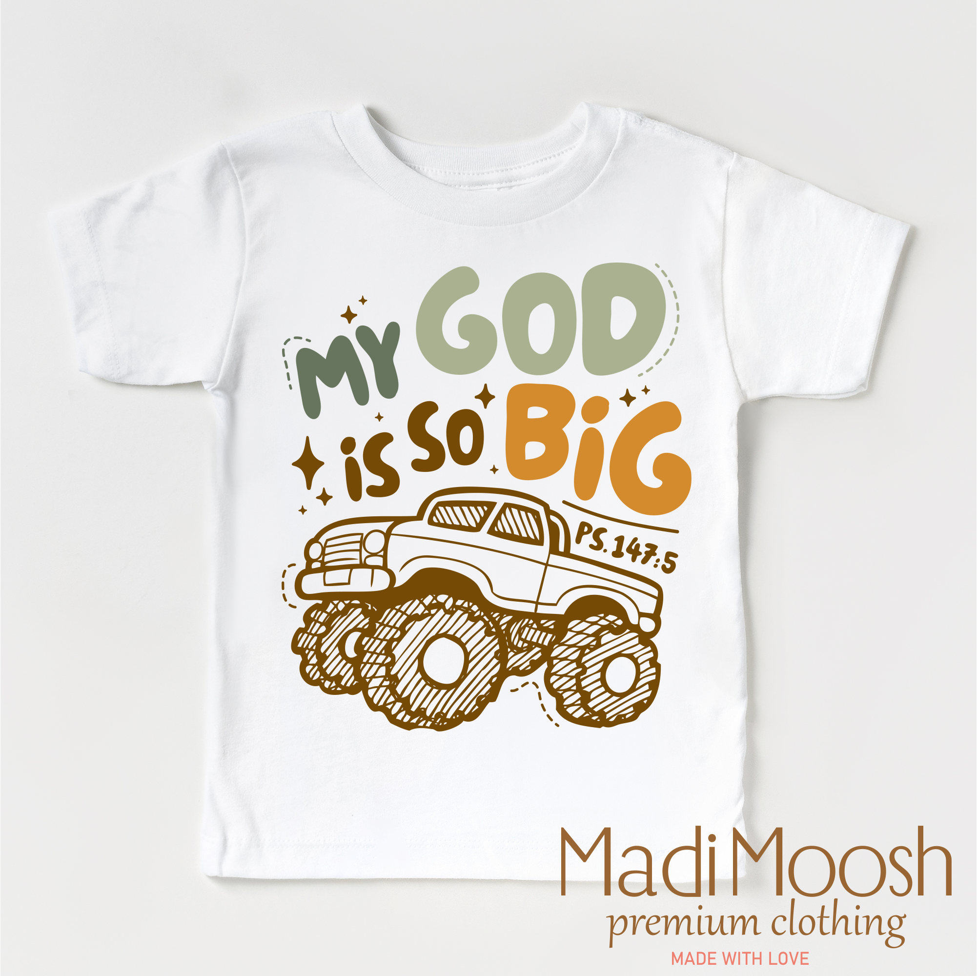 Madi Moosh – Engroshandel T-shirt med serigrafitryk – til børn – Min Gud er så stor Monster Truck Skjorte - Christian Tee3