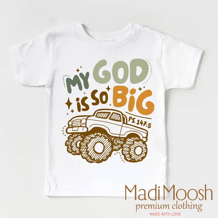 Madi Moosh – Engroshandel T-shirt med serigrafitryk – til børn – Min Gud er så stor Monster Truck Skjorte - Christian Tee3