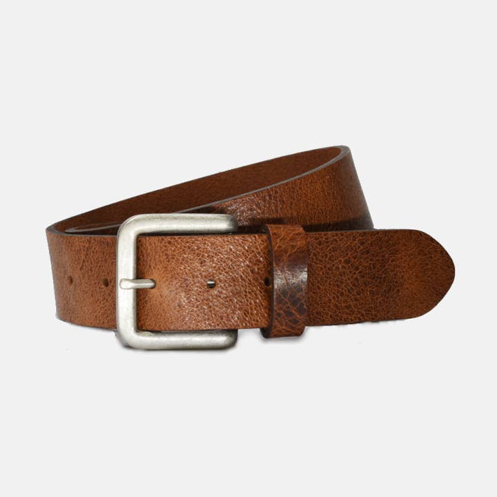 Curated Basics - Wholesale Belt - Men's - Wide Cognac Brown Leather with Silver Buckle Belt0
