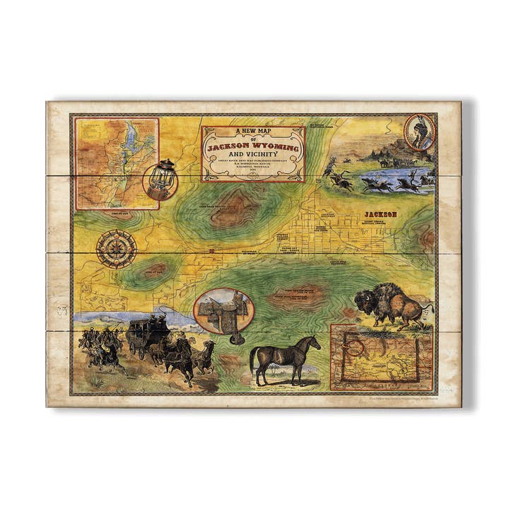 Mappa di Jackson, Wyoming: Mappa Illustrata - Decorazione da Parete per la vendita all'ingrosso da parte di Old Wood Signs