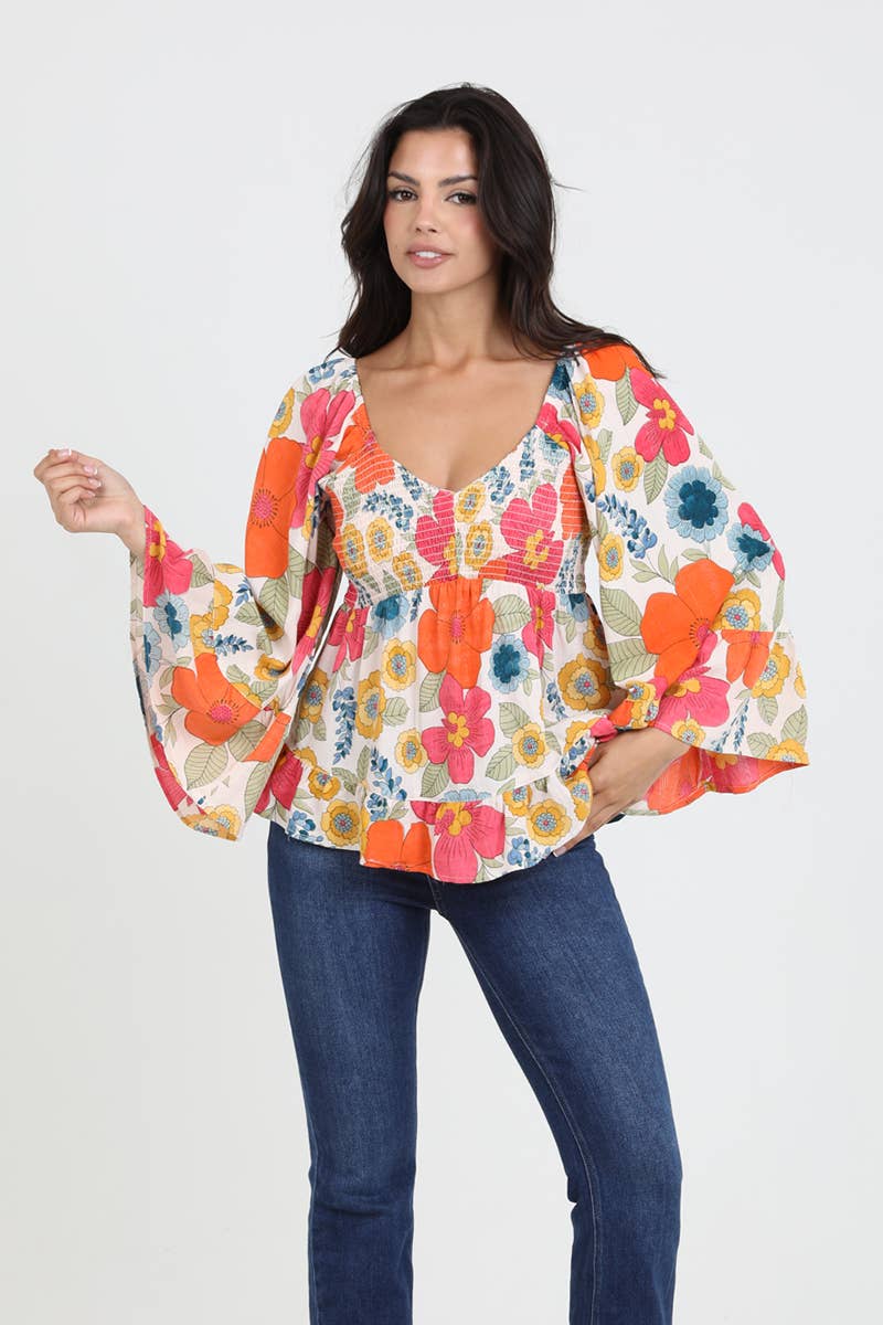 ANGIE - Wholesale Blouse - Women's - C2584-FQ94 V NECK SMOCKED BUST WIDE BELL SLEEVE FLORAL BLOUS4