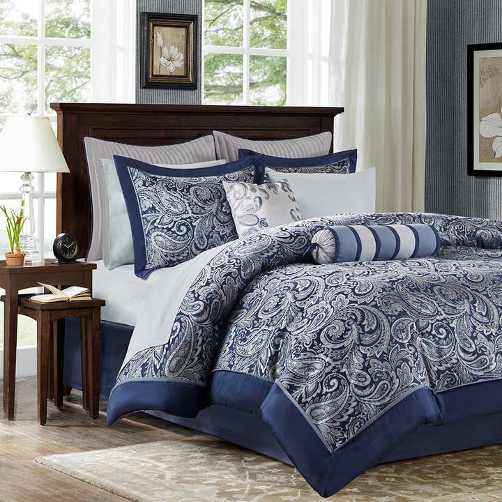 Olliix - Vente Parure de lit - Paisley Ensemble de douillettes et draps 12 pièces Bleu
