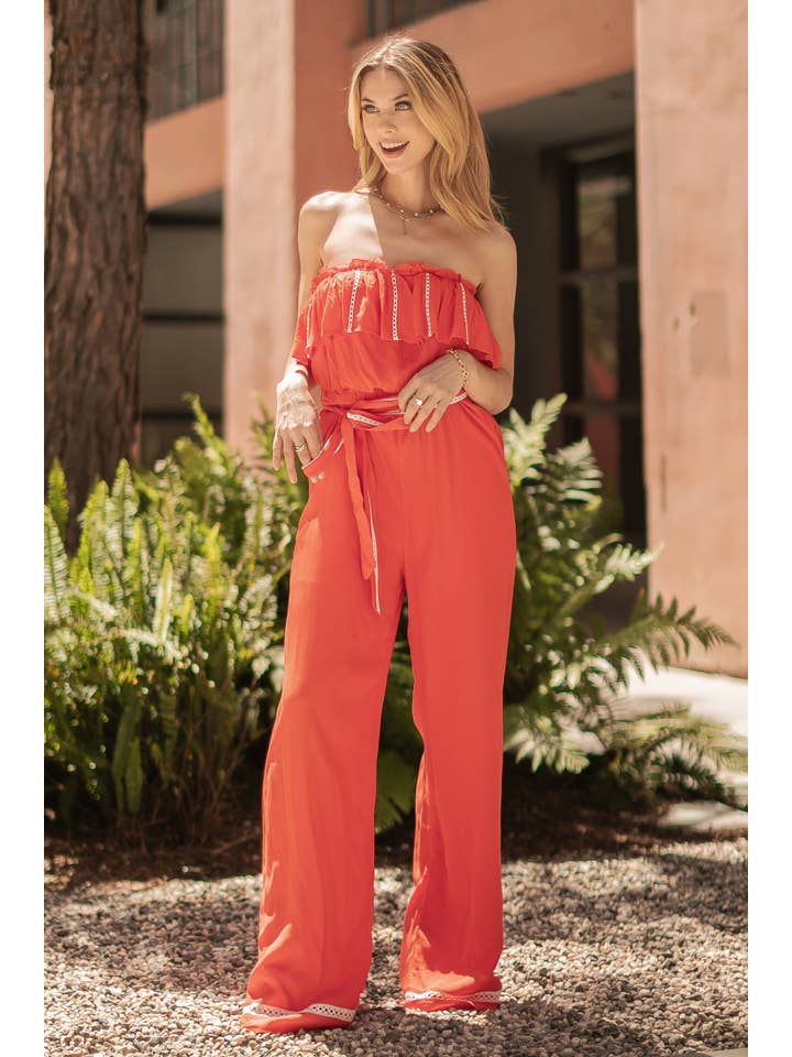 Strut & Bolt - Wholesale Jumpsuit - Women's - Crochet Lace Trim Strapless Ruffle Jumpsuit