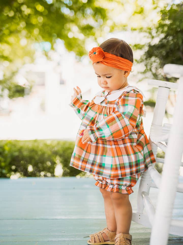 Posh Pickle - Wholesale Dress Set - Baby - Autumn Plaid Scalloped Bishop Collar Dress & Bloomer Set