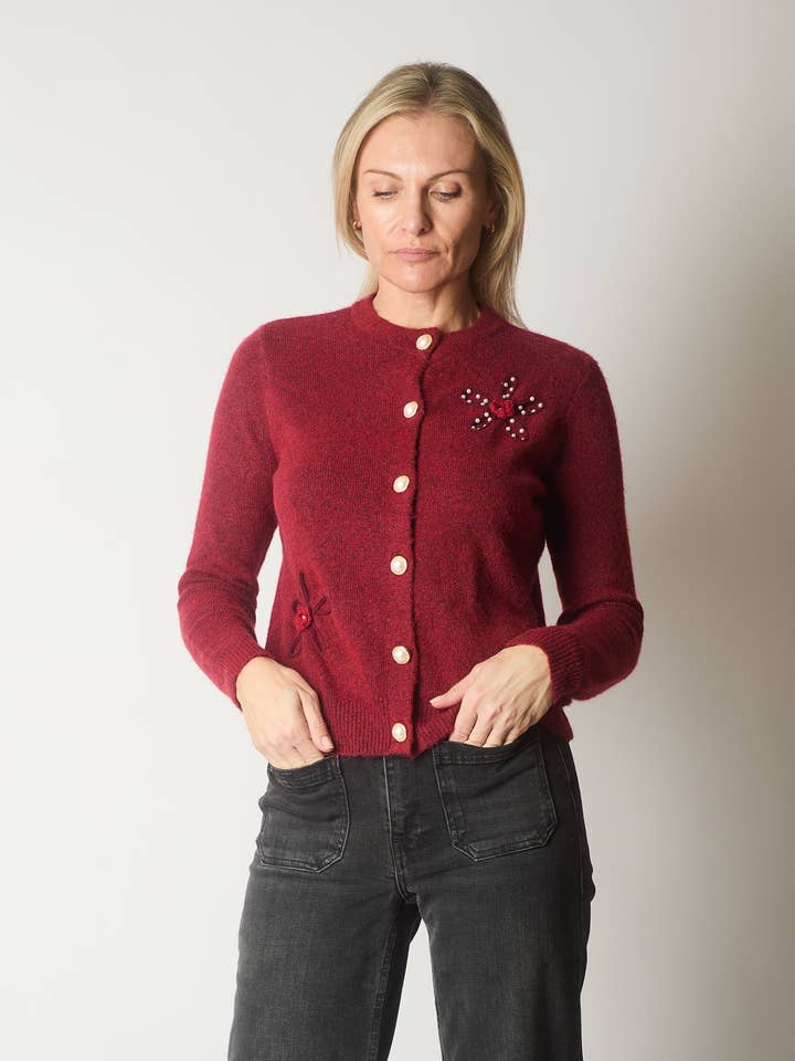 Embellished Knit Cardigan with Pearl Buttons - Wine for wholesale by SOLO
