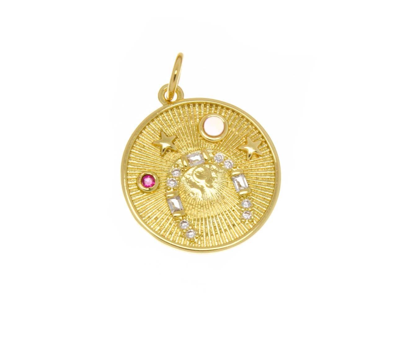 Jewel Pledge - Wholesale Individual Charm/Pendant - 18k Gold Horseshoe Good Luck Charm with Pink CZ & Moonstone1