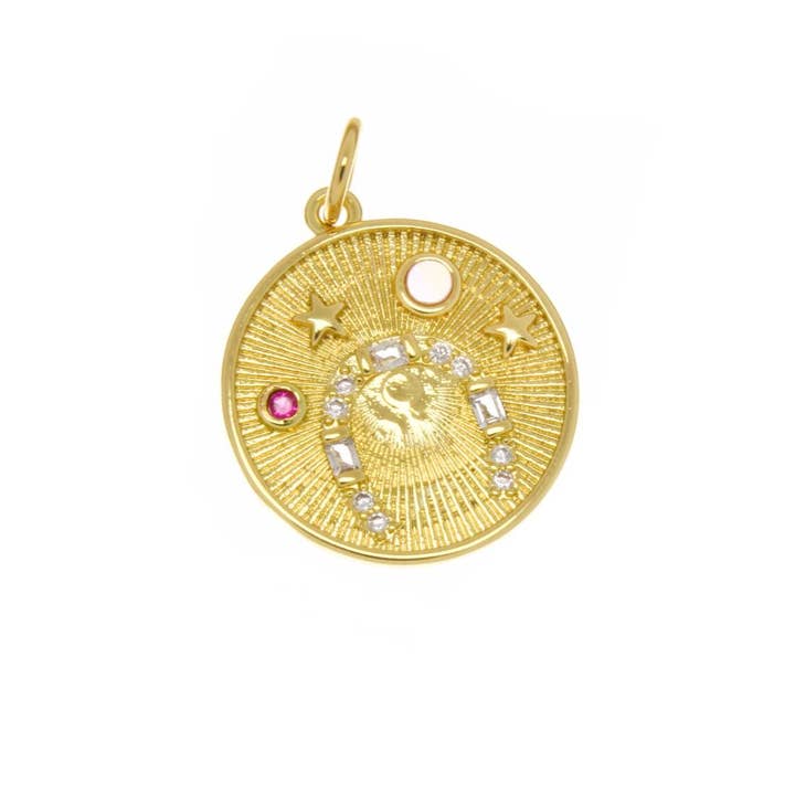 Jewel Pledge - Wholesale Individual Charm/Pendant - 18k Gold Horseshoe Good Luck Charm with Pink CZ & Moonstone1