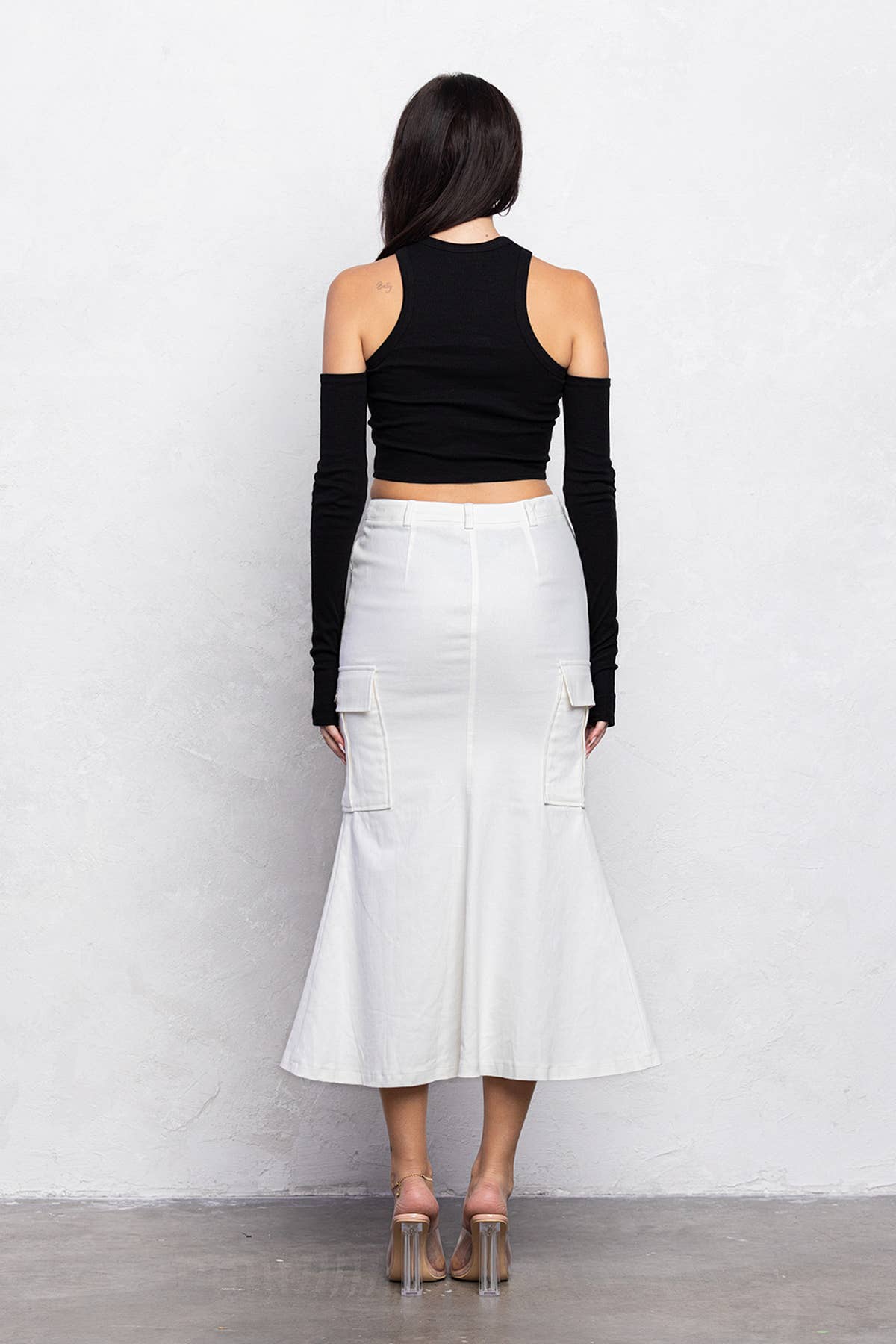 No Vacancy - Wholesale Skirt - Women's - Mermaid front cut detail diagonal midi skirt2