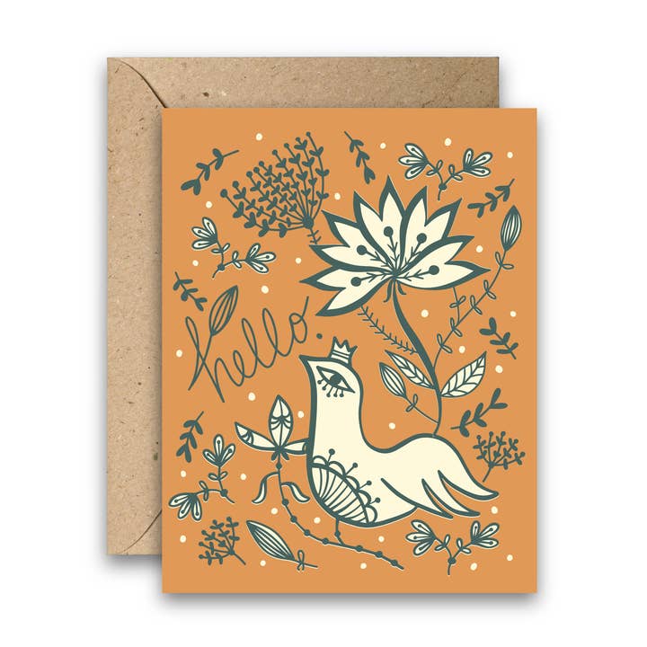 Amicreative - Wholesale Everyday Greeting Card - Hello Bird – Block Print Floral Everyday Greeting Card0