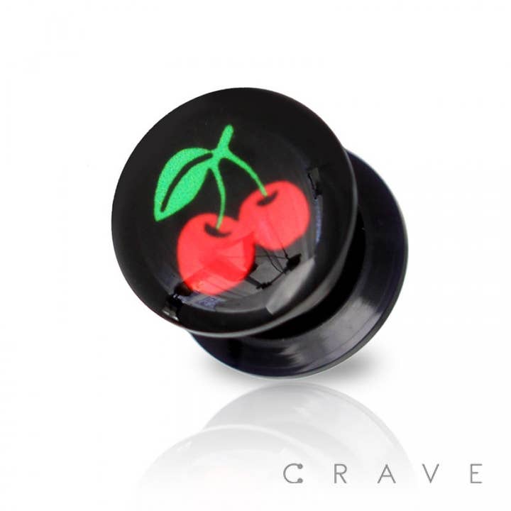 RED CHERRY PRINT TOP BLACK ACRYLIC SCREW FIT PLUG for wholesale by CRAVE