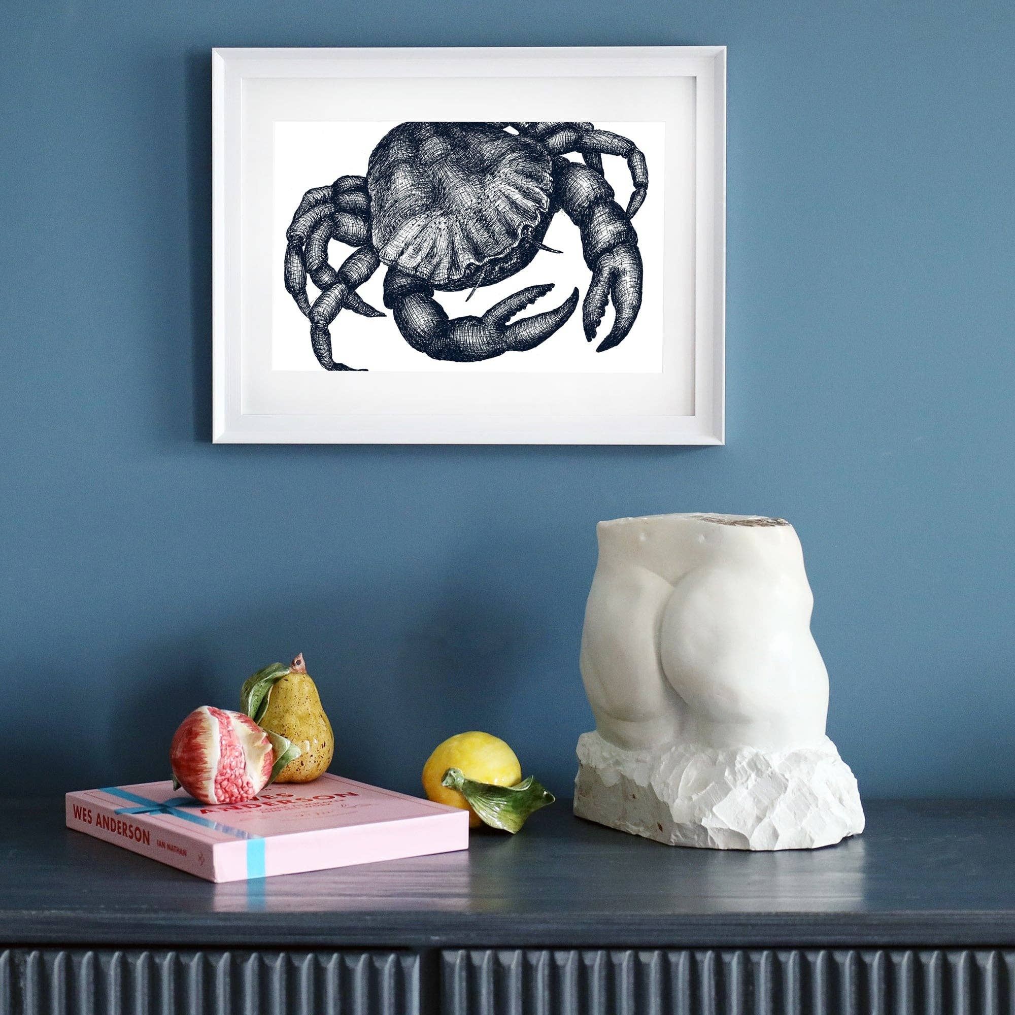 Cream Cornwall – wholesale Art print – Blue & White Crab Art Print – Mounted in 3 Sizes4