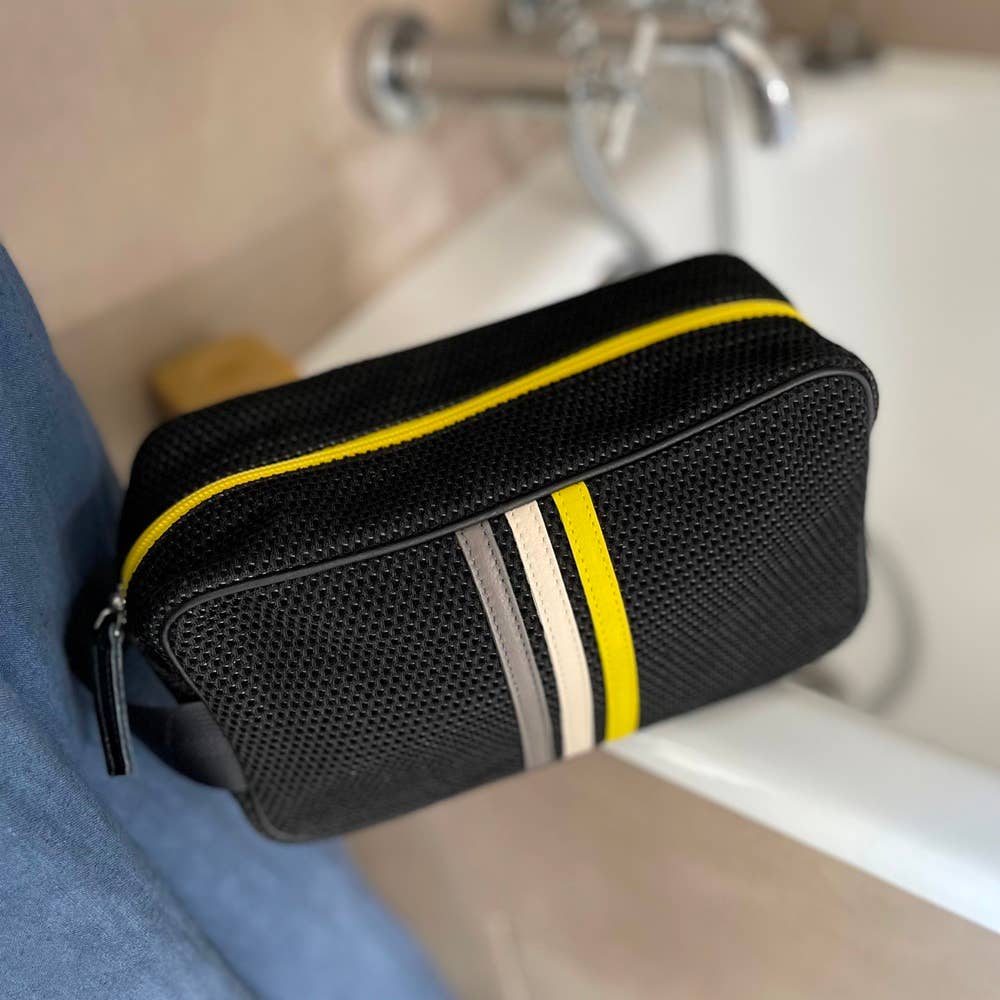 E2R PARIS - Wholesale Toiletry Bag - Men's - Black toiletry bag with white, yellow, grey leather stripes2